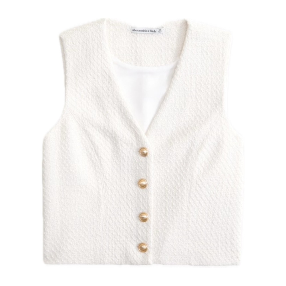 Tweed Cropped Vest Top White Textured Vest with Gold Buttons